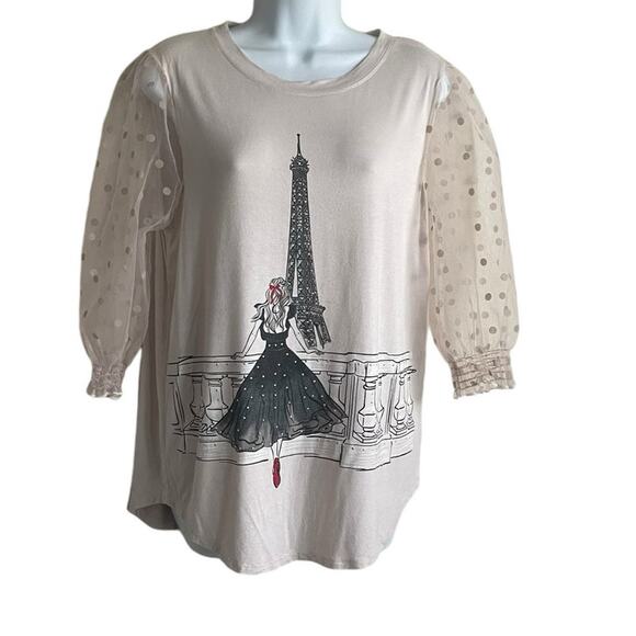 Love & Lace Women Top S Eiffel Tower Sheer Net Sleeve Paris Graphic Multi Media - Picture 1 of 11